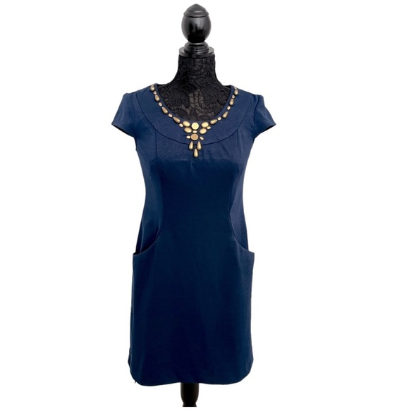 Gorgeous mini dress navy with gold trim - and it has pockets!!! Sz 6 - Picture 1 of 6